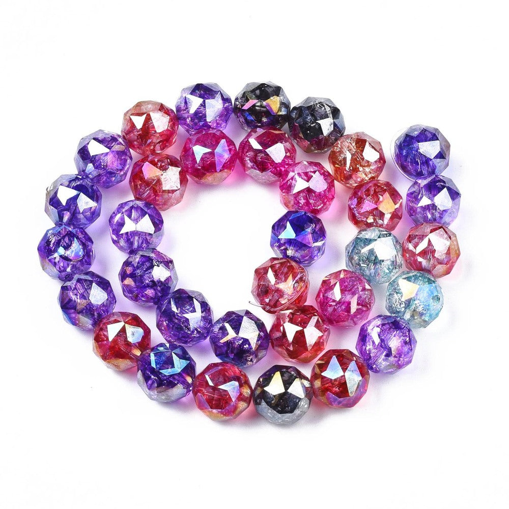 Electroplate Transparent Crackle Glass Beads Strands, Faceted 12mm