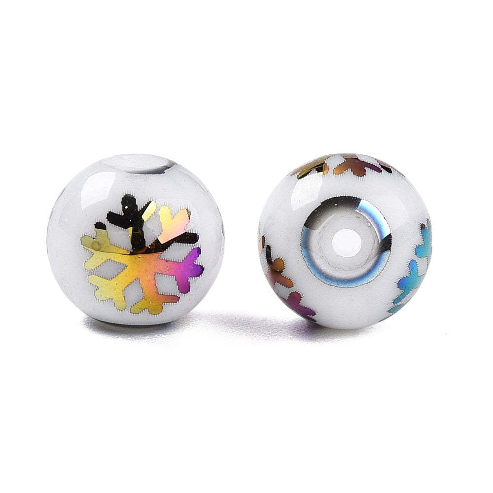 Christmas Opaque Glass Beads - Round with Electroplate Snowflake Pattern - Multi-color Plated - 10mm x 10pcs