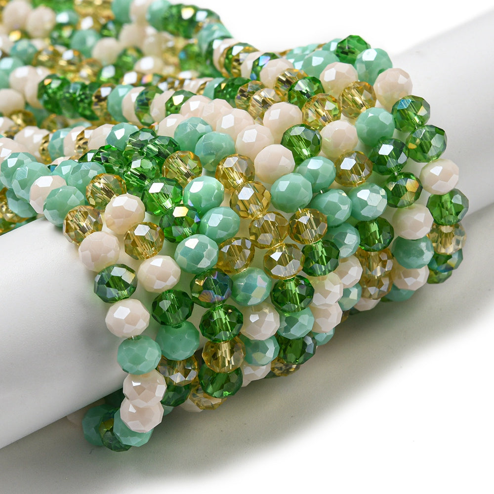 Glass Beads Strands, Faceted, Rondelle, Green Mix, 6x5mm, approx 85~88pcs per strand