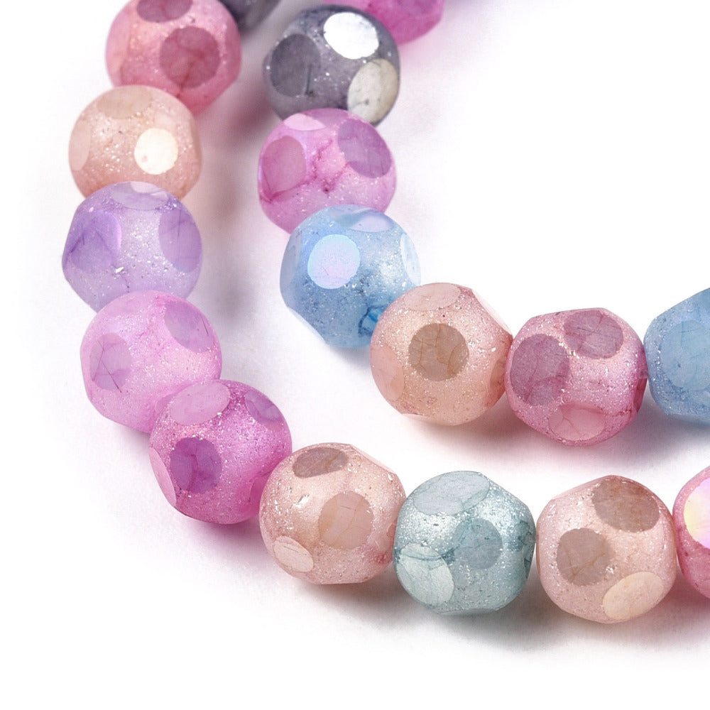 Opaque Frosted Glass Beads Strands, AB Color Plated, Faceted, Round, 6.5~6mm, approx 70pcs per strand