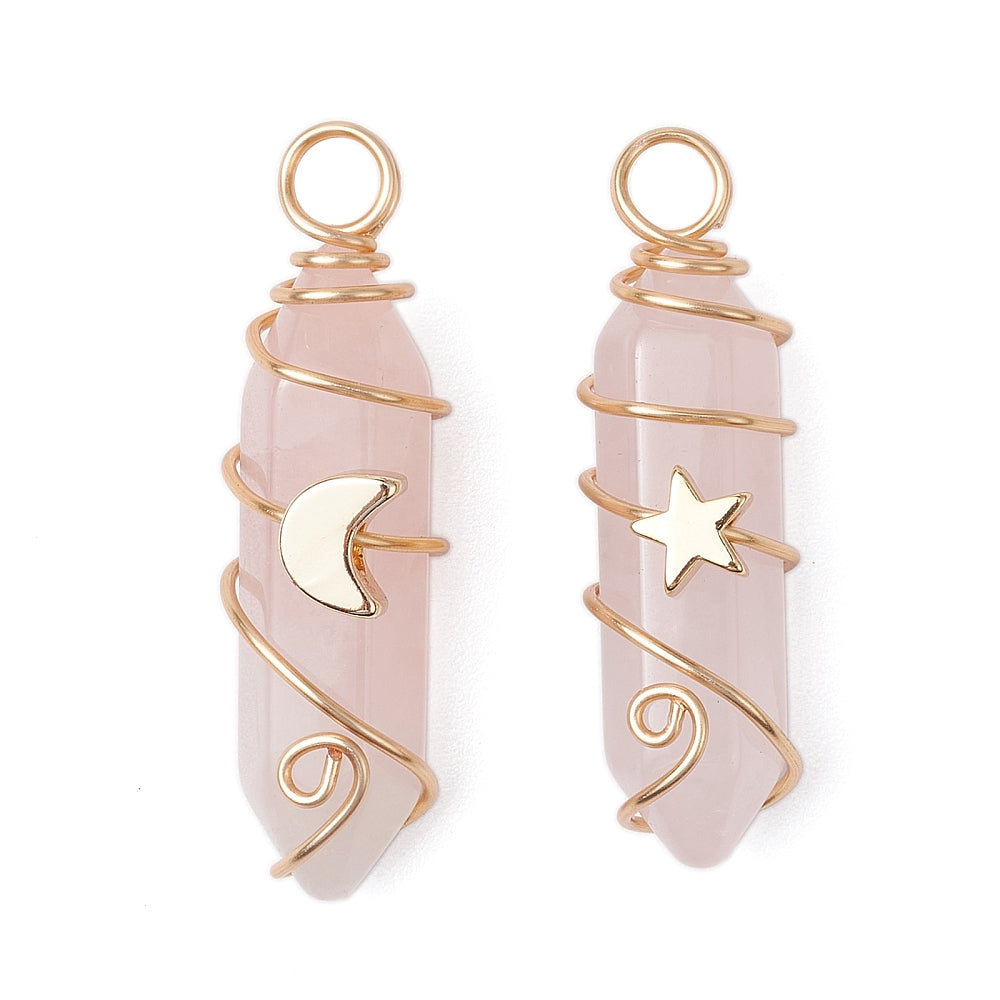 Natural Amethyst/Green Aventurine/Rose Quartz/Lapis Lazuli/Quartz Crystal Double Terminated Pointed Pendants, Brass Moon Star Charms with Copper Wire Wrapped, Light Gold