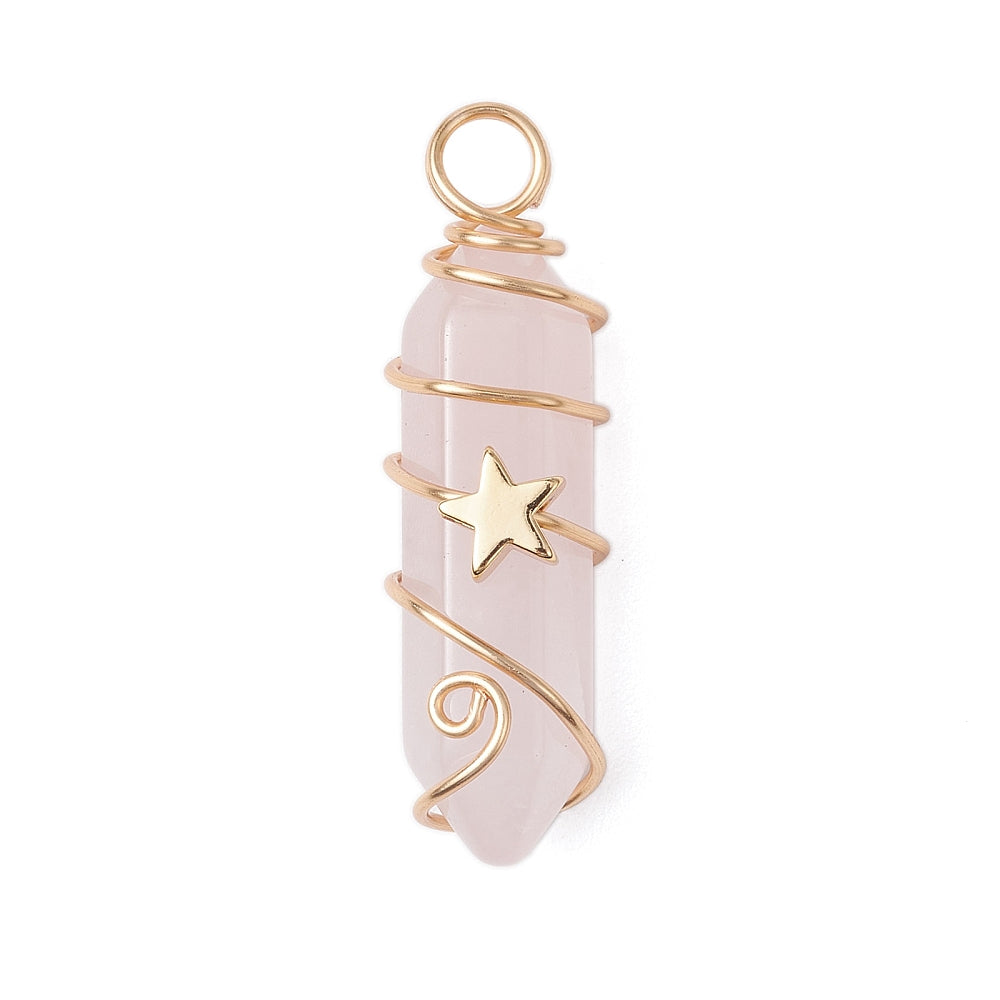 Natural Amethyst/Green Aventurine/Rose Quartz/Lapis Lazuli/Quartz Crystal Double Terminated Pointed Pendants, Brass Moon Star Charms with Copper Wire Wrapped, Light Gold