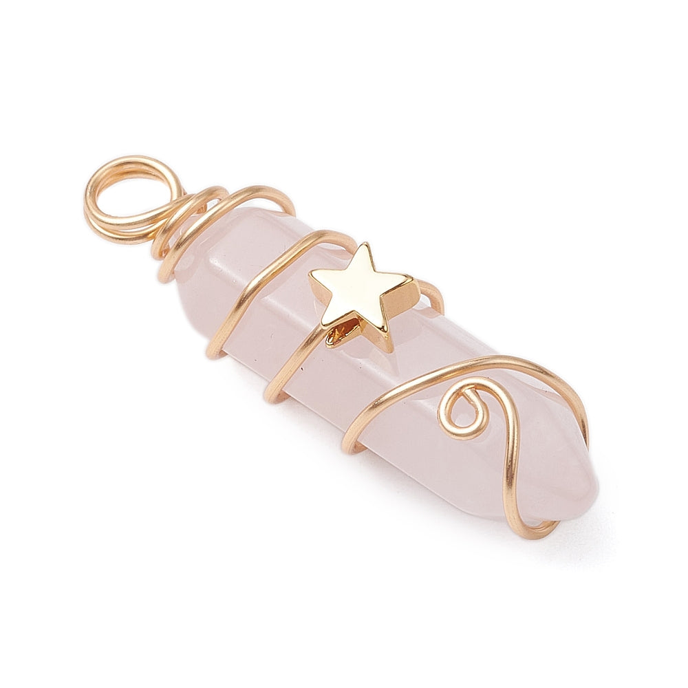 Natural Amethyst/Green Aventurine/Rose Quartz/Lapis Lazuli/Quartz Crystal Double Terminated Pointed Pendants, Brass Moon Star Charms with Copper Wire Wrapped, Light Gold
