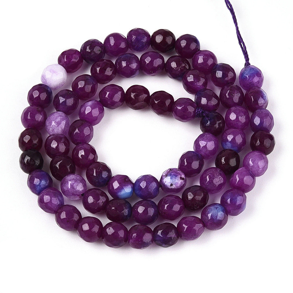 Dyed Natural White Jade Beads Strands, Round, Faceted, 6mm - approx 65pcs