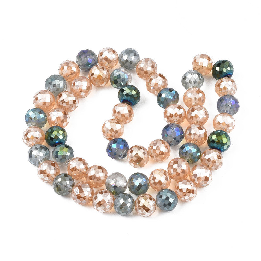 Electroplate Transparent Glass Beads Strands - Luster Plated - Faceted - Round - 8x7.5mm - approx 55-60pcs per strand