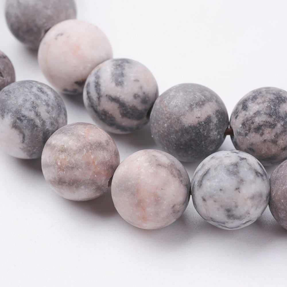 Natural Pink Zebra Jasper Beads Strands, Frosted, Round, 10mm