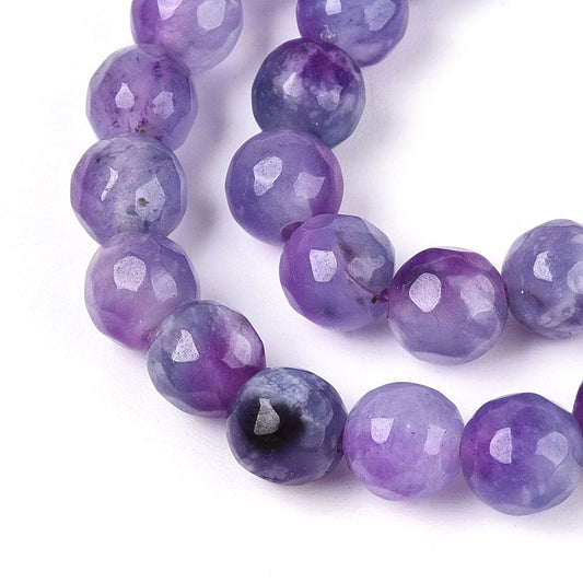 Dyed Natural White Jade Beads Strands, Round, Faceted, 6mm - approx 65pcs
