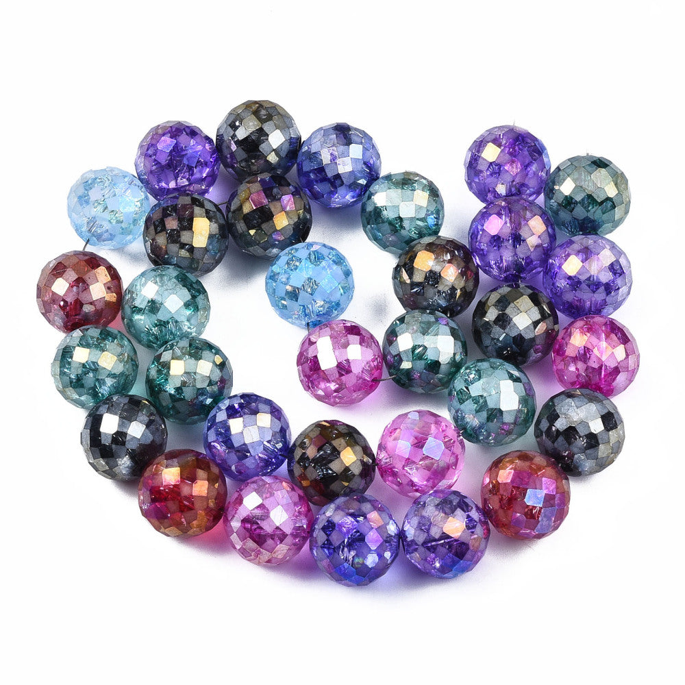 Electroplate Transparent Crackle Glass Beads Strands, Faceted 12mm
