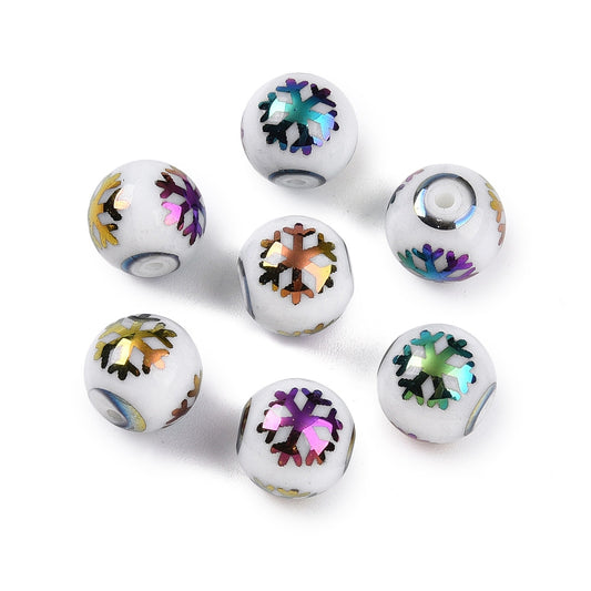 Christmas Opaque Glass Beads - Round with Electroplate Snowflake Pattern - Multi-color Plated - 10mm x 10pcs