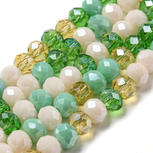 Glass Beads Strands, Faceted, Rondelle, Green Mix, 6x5mm, approx 85~88pcs per strand