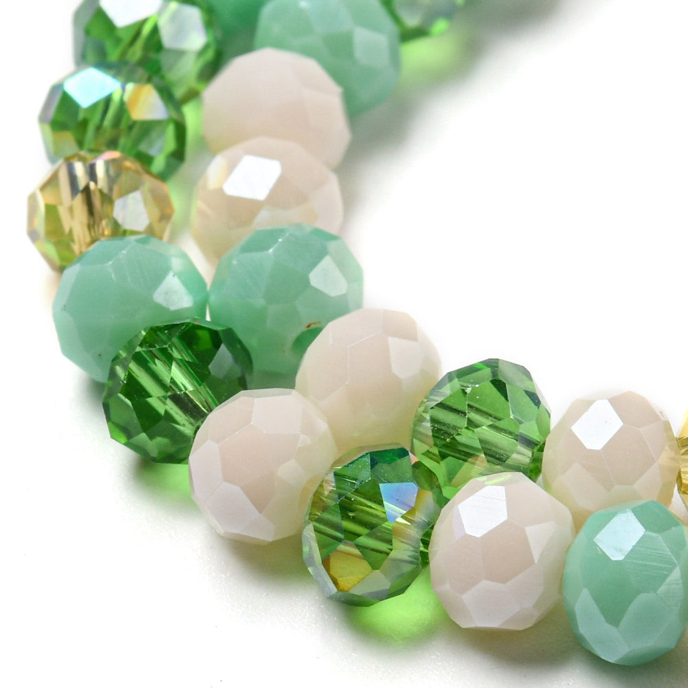 Glass Beads Strands, Faceted, Rondelle, Green Mix, 6x5mm, approx 85~88pcs per strand