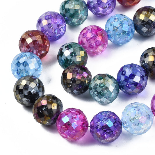 Electroplate Transparent Crackle Glass Beads Strands, Faceted 12mm