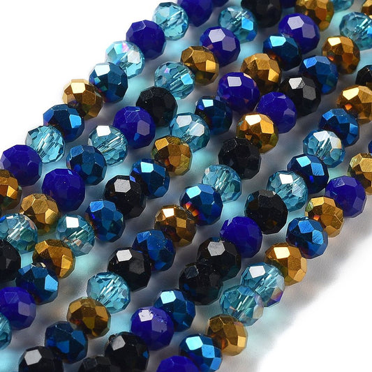 Glass Beads Strands, Faceted, Rondelle, Dark Blue Mix, 6x5mm, approx 85~88pcs per strand