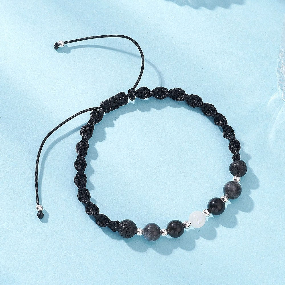 Natural White Moonstone, Lava Rock, Obsidian & Larvikite - Braided Bead Bracelet - Adjustable - 6.5mm beads