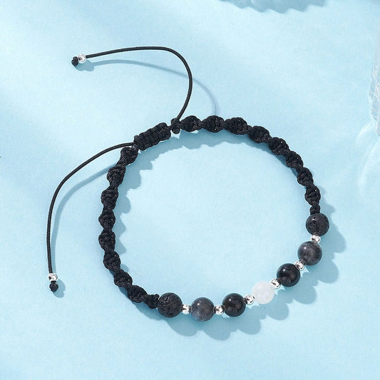 Natural White Moonstone, Lava Rock, Obsidian & Larvikite - Braided Bead Bracelet - Adjustable - 6.5mm beads