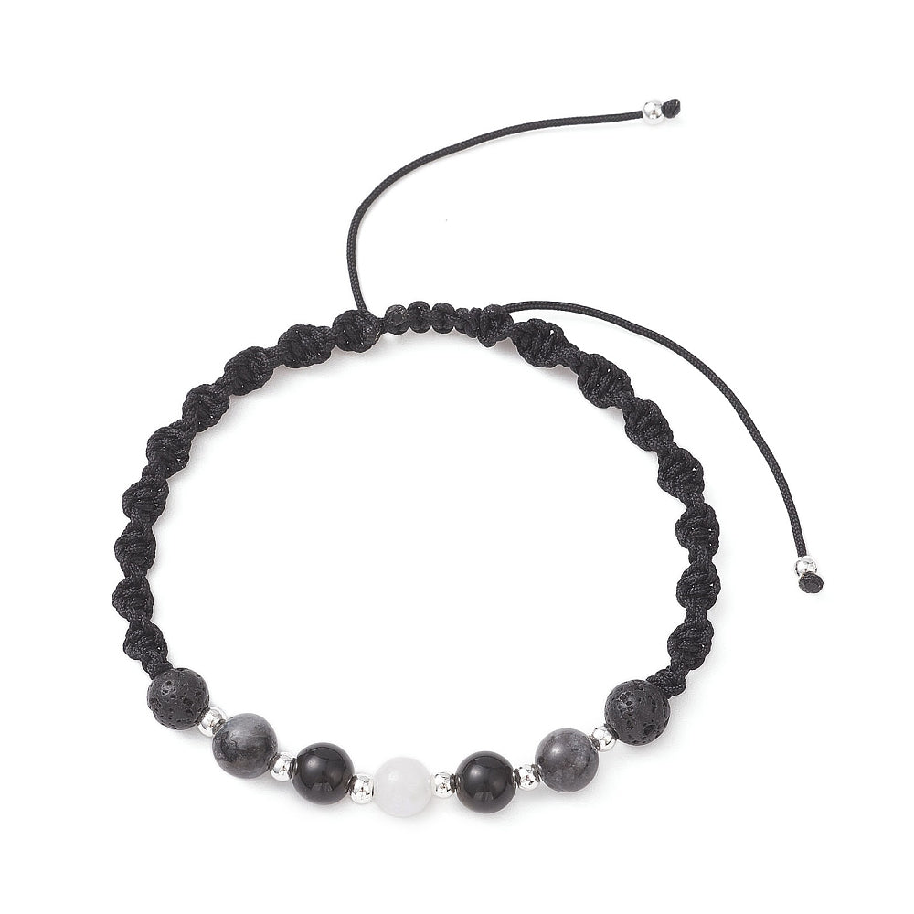 Natural White Moonstone, Lava Rock, Obsidian & Larvikite - Braided Bead Bracelet - Adjustable - 6.5mm beads