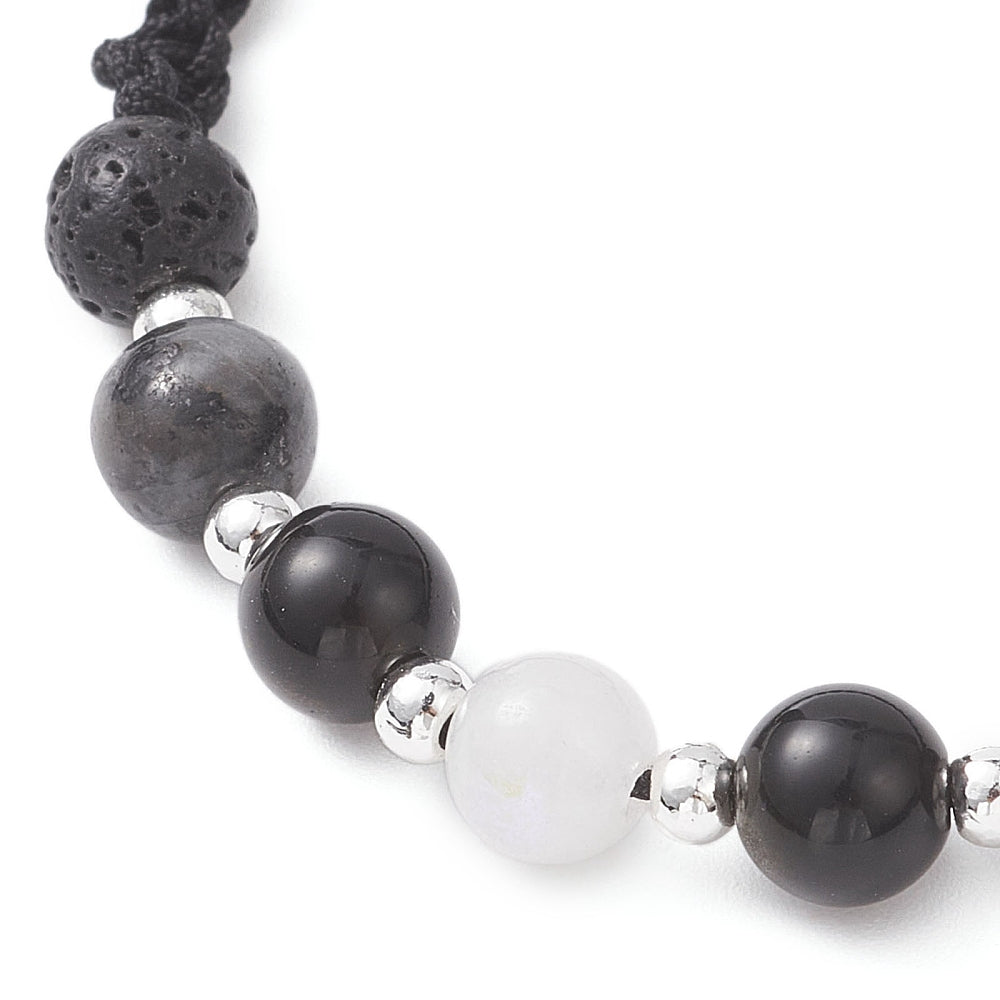 Natural White Moonstone, Lava Rock, Obsidian & Larvikite - Braided Bead Bracelet - Adjustable - 6.5mm beads