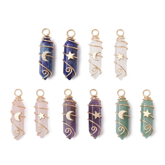Natural Amethyst/Green Aventurine/Rose Quartz/Lapis Lazuli/Quartz Crystal Double Terminated Pointed Pendants, Brass Moon Star Charms with Copper Wire Wrapped, Light Gold