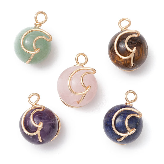 Natural Green Aventurine/Rose Quartz/Tiger Eye/Lapis Lazuli/Amethyst - Copper Wire Wrapped Moon Pendants